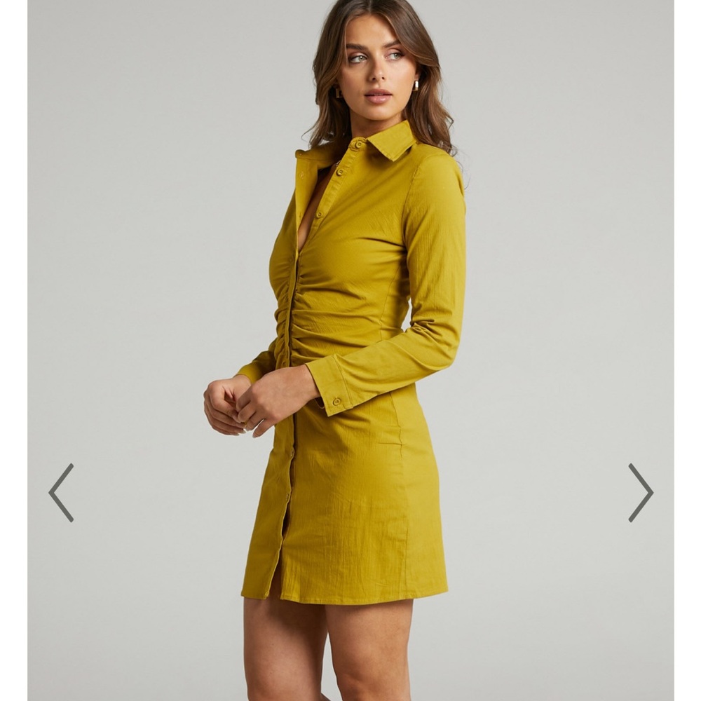 Showpo SHADLEEN LONG SLEEVE BUTTON UP MINI DRESS IN CHARTREUSE size L